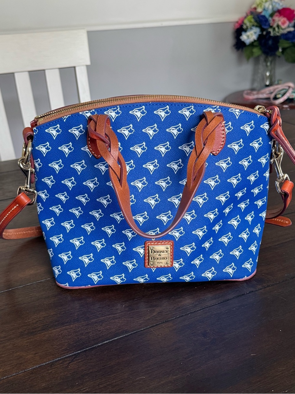 Dooney & Bourke Royal Blue Logo-Print Satchel with Tan Trim